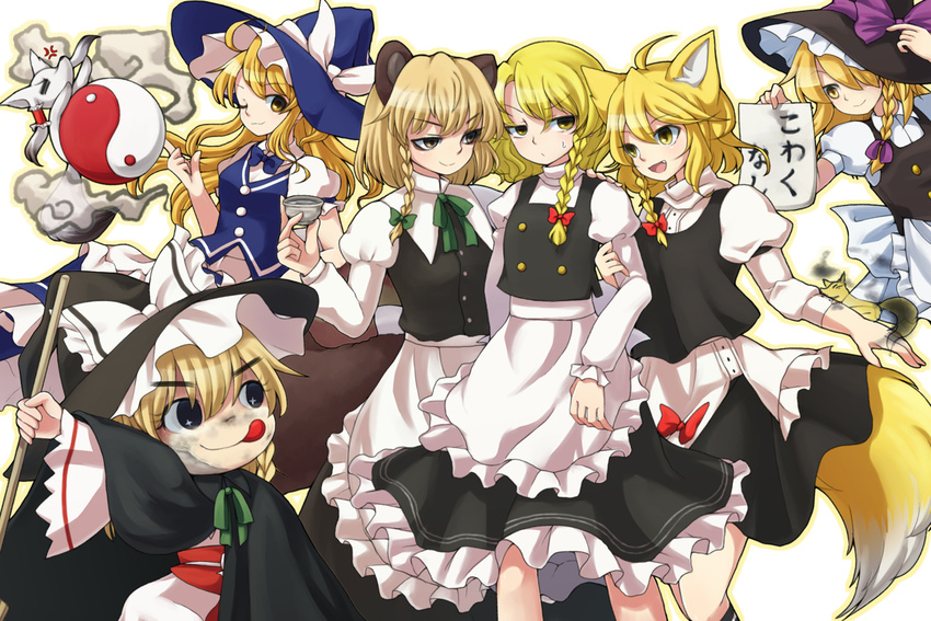 anger_vein animal_ears animalization apron bakedanuki_(touhou) black_eyes blonde_hair braid broom cape cosplay dual_persona fang fox fox_ears fox_tail frilled_skirt frills futatsuiwa_mamizou hakurei_reimu hakurei_reimu_(fox) hat kirisame_marisa kirisame_marisa_(cosplay) kudagitsune long_hair mask multiple_girls odd_one_out orb raccoon_ears raccoon_tail short_hair side_braid skirt smoke sunny_milk tail touhou vest witch_hat yellow_eyes yin_yang youkai_fox_(forbidden_scrollery) youkai_fox_(wild_and_horned_hermit) ys_(fall)