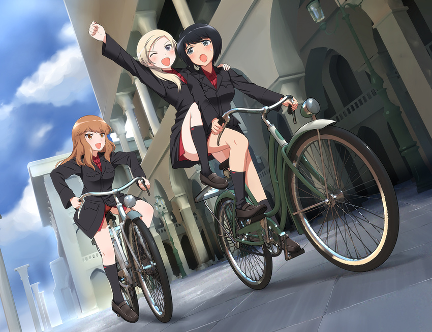 :d ;d bicycle black_hair blonde_hair blush brown_eyes brown_hair building collared_shirt fernandia_malvezzi grey_eyes ground_vehicle kaneko_(novram58) loafers long_hair looking_at_another luciana_mazzei martina_crespi md5_mismatch military military_uniform multiple_girls multiple_riders one_eye_closed open_mouth panties ponytail purple_eyes red_panties riding shirt shoes short_hair smile strike_witches sweatdrop underwear uniform world_witches_series