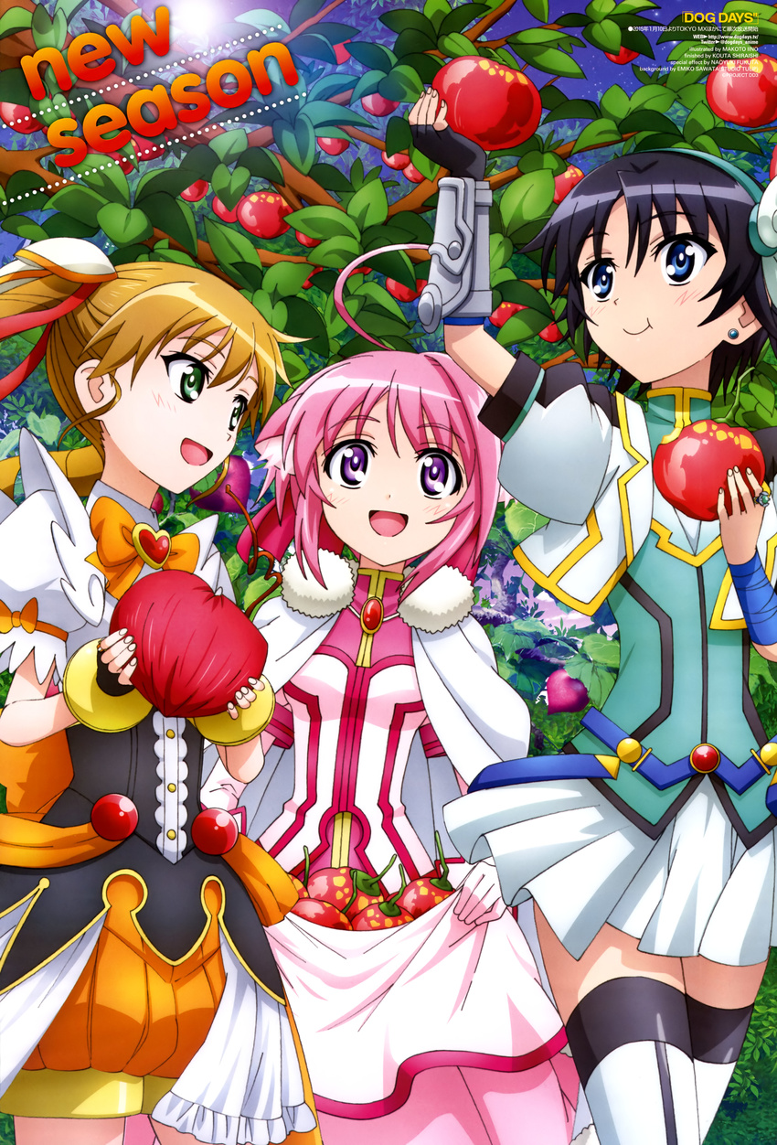 absurdres ahoge apple black_hair blue_eyes brown_hair dog_days dog_girl fingerless_gloves food fruit gloves green_eyes hairband highres iino_makoto millhiore_f_biscotti multiple_girls newtype non-web_source open_mouth pink_hair purple_eyes rebecca_anderson scan short_hair smile takatsuki_nanami thighhighs zettai_ryouiki