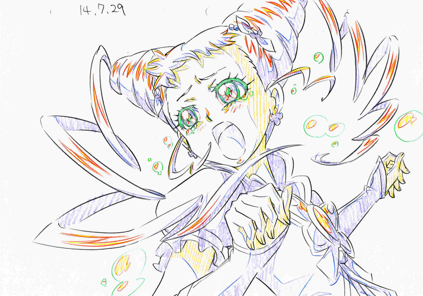 arm_warmers color_trace crying cure_lemonade drill_hair hair_ornament highres itaoka1 jewelry kasugano_urara_(yes!_precure_5) long_hair magical_girl open_mouth partially_colored precure running sketch solo traditional_media twin_drills twintails yes!_precure_5 yes!_precure_5_gogo!
