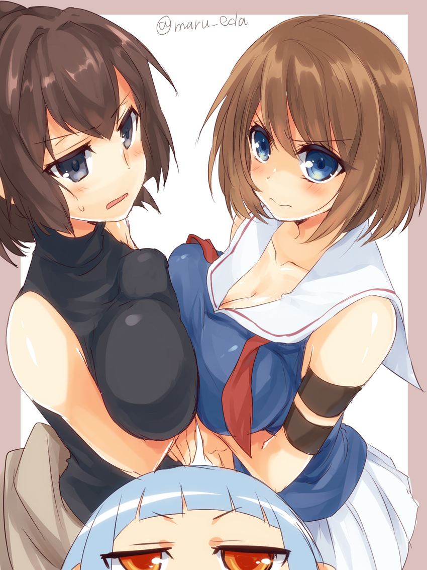 bangs blue_eyes blunt_bangs breast_envy breast_press breasts brown_eyes brown_hair hair_ornament highres ise_(kantai_collection) kantai_collection large_breasts long_hair maruki_(punchiki) maya_(kantai_collection) multiple_girls murakumo_(kantai_collection) photobomb ponytail school_uniform serafuku short_hair skin_tight skirt symmetrical_docking twitter_username undershirt