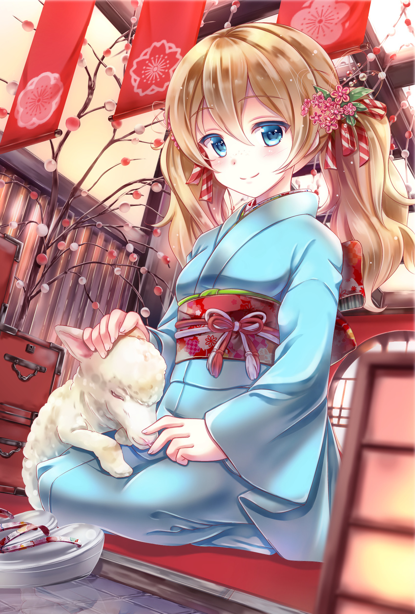 animal blonde_hair blue_eyes blush freckles girlfriend_(kari) hair_ornament hair_ribbon highres japanese_clothes kanzashi kimono kuuron long_hair looking_at_viewer obi ribbon sandals sandals_removed sash seiza sheep shiratori_shiori sitting smile solo twintails wavy_hair