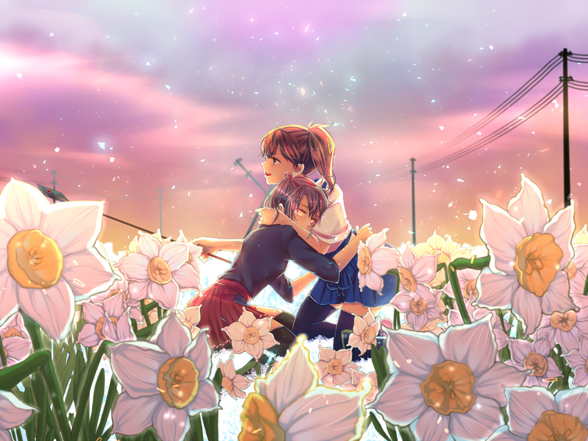 :d arrow bad_id bad_pixiv_id blurry brown_eyes brown_hair daffodil depth_of_field field flower flower_field glowing glowing_eyes hakama highres holding hug japanese_clothes kaga_(kantai_collection) kantai_collection kouga_(mutsumi) multiple_girls open_mouth side_ponytail sitting smile twintails yuri zuikaku_(kantai_collection)