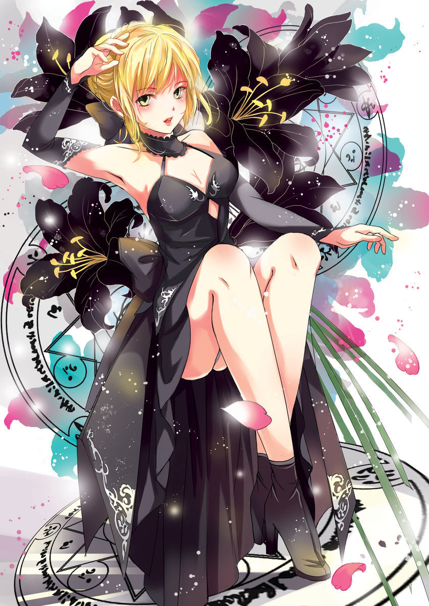 absurdres ahoge artoria_pendragon_(all) blonde_hair dark_persona dress fate/stay_night fate/unlimited_codes fate_(series) flower highres keikaj lily_(flower) saber_alter saber_lily solo yellow_eyes
