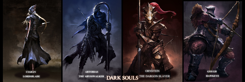 3boys absurdres armor artorias_the_abysswalker blonde_hair bow_(weapon) cape chainmail character_name dark_souls dragon_slayer_ornstein dual_wielding full_armor hawkeye_gough helmet highres holding kneeling knight lord's_blade_ciaran multiple_boys plate_armor polearm ponytail souls_(from_software) spear sword typo weapon yinwoeren