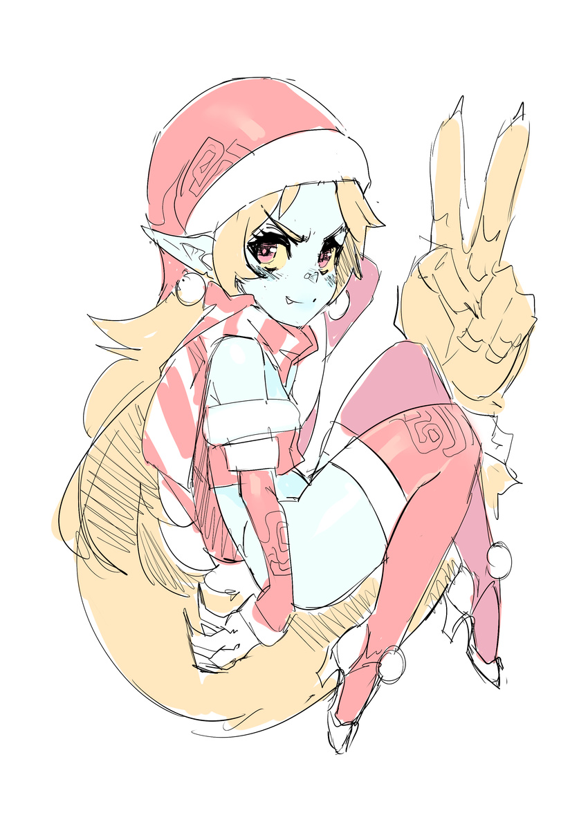 absurdres blue_skin christmas elbow_gloves fang gloves hat high_heels highres imp long_hair maniacpaint midna orange_hair pointy_ears prehensile_hair red_eyes red_legwear santa_hat scarf solo strapless striped striped_scarf the_legend_of_zelda the_legend_of_zelda:_twilight_princess thighhighs tubetop v very_long_hair yellow_sclera