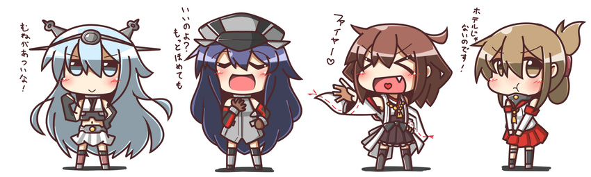 &gt;_&lt; :d akatsuki_(kantai_collection) alternate_costume bismarck_(kantai_collection) bismarck_(kantai_collection)_(cosplay) blue_hair brown_eyes brown_hair chibi closed_eyes cosplay detached_sleeves fang feiton folded_ponytail hat heart heart_in_mouth hibiki_(kantai_collection) highres ikazuchi_(kantai_collection) inazuma_(kantai_collection) kantai_collection kongou_(kantai_collection) kongou_(kantai_collection)_(cosplay) long_hair multiple_girls nagato_(kantai_collection) nagato_(kantai_collection)_(cosplay) navel nontraditional_miko open_mouth peaked_cap pleated_skirt pout short_hair skirt smile translated xd yamato_(kantai_collection) yamato_(kantai_collection)_(cosplay)