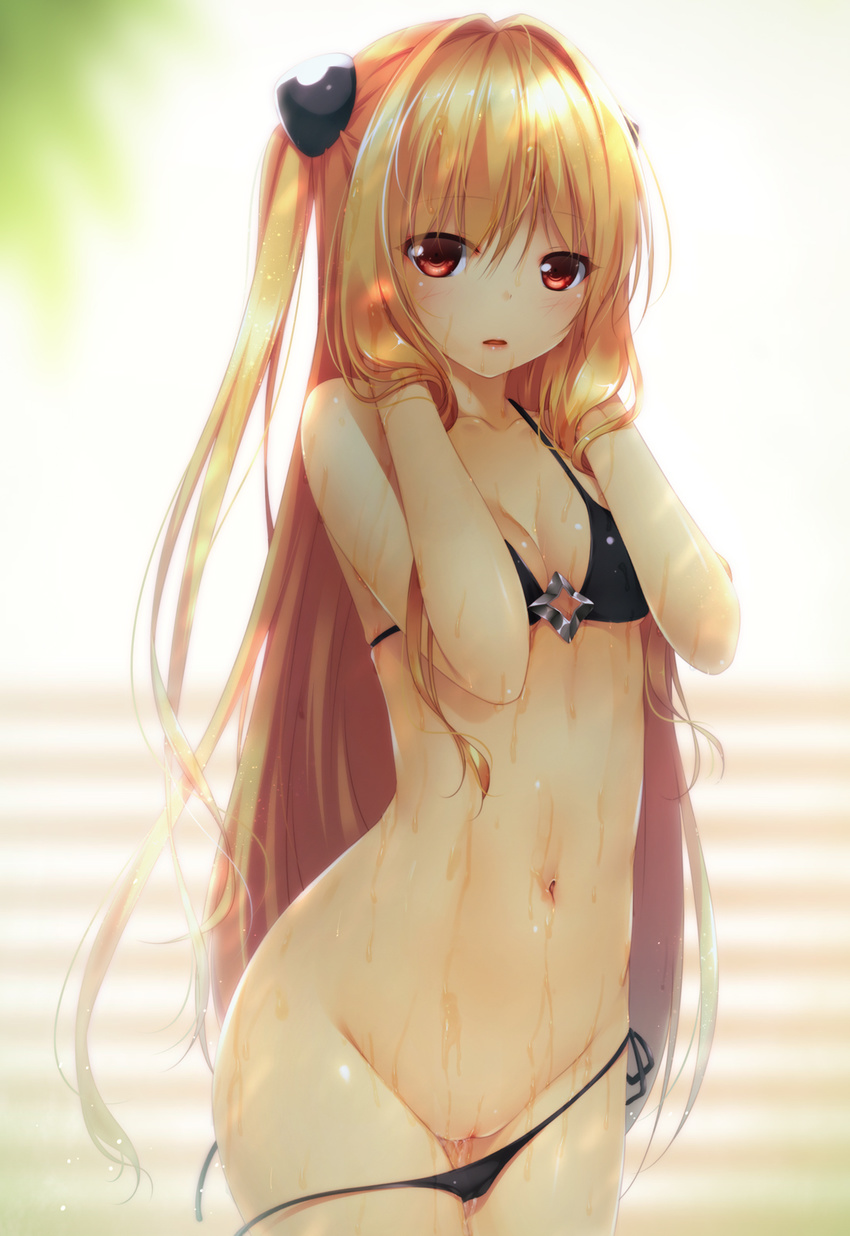 bikini black_bikini blonde_hair blush breasts cleavage cowboy_shot groin hair_intakes hair_ornament hands_in_hair highres hips konjiki_no_yami long_hair looking_at_viewer navel open_mouth pussy red_eyes shiny shiny_hair shokuyou_mogura side-tie_bikini small_breasts solo swimsuit to_love-ru to_love-ru_darkness two_side_up untied untied_bikini very_long_hair wet