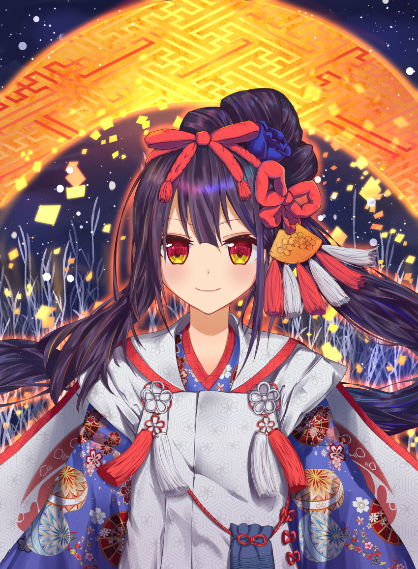 1girl absurdres bangs black_hair blue_flower blue_kimono blue_rose bow brown_eyes closed_mouth commentary_request copyright_request eyebrows_visible_through_hair floral_print flower hair_between_eyes hair_bow hair_flower hair_ornament highres japanese_clothes kimono long_hair looking_at_viewer multicolored multicolored_eyes print_kimono red_bow red_eyes rose smile solo upper_body very_long_hair wang_man