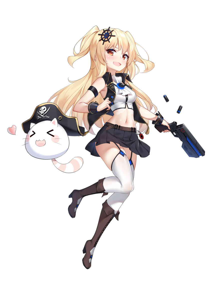 1girl absurdres arm_strap armpits bare_shoulders belt black_skirt black_vest blonde_hair boots breasts bullet crop_top full_body garter_straps gun hair_ornament handgun highres holding holding_gun holding_weapon k.t.cube leg_up long_hair looking_at_viewer medium_breasts midriff miniskirt navel original pistol pleated_skirt red_eyes revealing_clothes shirt simple_background skirt sleeveless sleeveless_shirt smug solo stomach thighhighs thighs two_side_up vest weapon white_background white_legwear white_shirt wrist_cuffs zettai_ryouiki