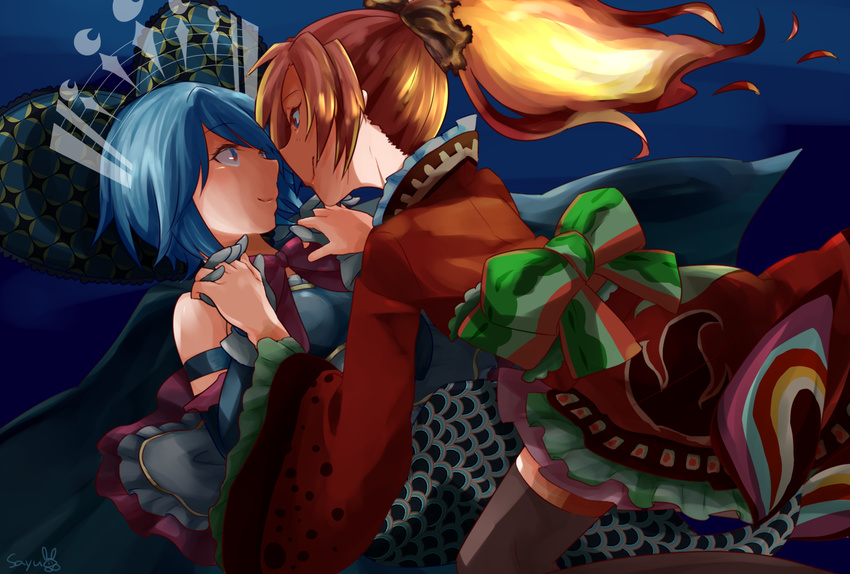 blue_eyes blue_hair blush bow cape fire gloves hair_ornament hair_ribbon highres japanese_clothes kimono kimono_skirt long_hair magical_girl mahou_shoujo_madoka_magica mermaid miki_sayaka monster_girl multiple_girls obi oktavia_von_seckendorff ophelia_(madoka_magica) personification ponytail red_eyes red_hair ribbon sakura_kyouko sash sha_yu short_hair smile white_gloves wide_sleeves witch_(madoka_magica) yuri