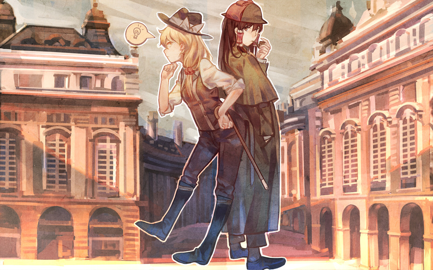 alternate_costume black_footwear boots bow capelet coat contemporary cosplay hair_tubes hakurei_reimu hat hat_bow highres john_hamish_watson john_hamish_watson_(cosplay) kirisame_marisa knee_boots light_bulb long_coat multiple_girls norizc pants pipe sherlock_holmes sherlock_holmes_(cosplay) shirt spoken_light_bulb the_adventures_of_sherlock_holmes touhou town trench_coat vest walking_stick