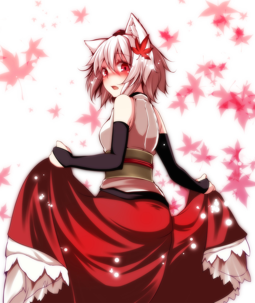 animal_ears bad_id bad_pixiv_id blush bridal_gauntlets cowboy_shot elbow_gloves fang gloves hat highres inubashiri_momiji leaf leaf_background leaf_on_head looking_at_viewer looking_back open_mouth red_eyes red_skirt s-syogo shirt short_hair silver_hair skirt sleeveless sleeveless_shirt solo tokin_hat touhou white_shirt wolf_ears