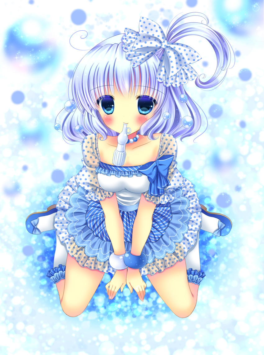 absurdres bad_id bad_pixiv_id blue_eyes bottle collarbone frilled_skirt frills highres kouta. looking_at_viewer mouth_hold one_side_up original silver_hair sitting skirt smile soda_bottle solo