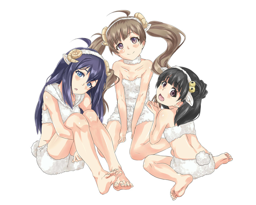 animal_costume animal_ears bare_shoulders barefoot black_hair blue_eyes blush brown_hair fake_animal_ears feet hairband hakozaki_serika highres hisa_tsuki horns idolmaster idolmaster_million_live! long_hair mochizuki_anna multiple_girls nakatani_iku new_year sheep_costume sheep_ears sheep_horns sheep_tail short_hair shorts side_ponytail sitting smile soles tail toes twintails wariza white_background