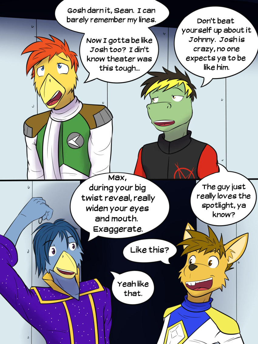 anthro avian canid canine comic dialogue english_text fuze male mammal scalie text