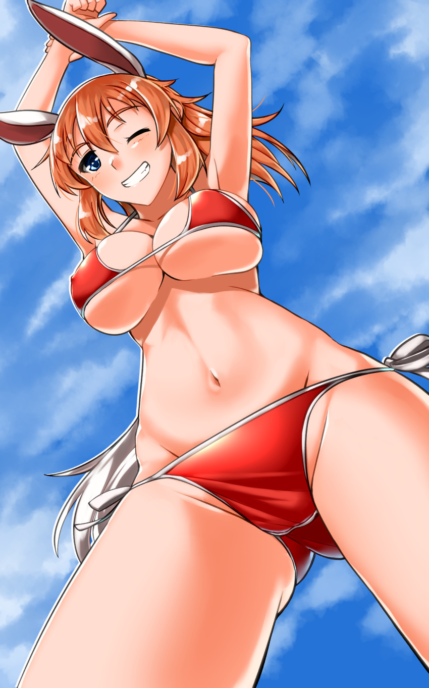 1girl animal_ears bikini blue_eyes blush breasts brown_hair bunny_ears cameltoe charlotte_e_yeager cloud cloudy_sky collarbone covered_nipples eyebrows eyebrows_visible_through_hair grin groin highres hiroshi_(hunter-of-kct) large_breasts looking_at_viewer looking_down navel one_eye_closed parted_lips red_bikini shiny shiny_clothes shiny_hair side-tie_bikini sky smile solo strike_witches swimsuit swimwear teeth world_witches_series