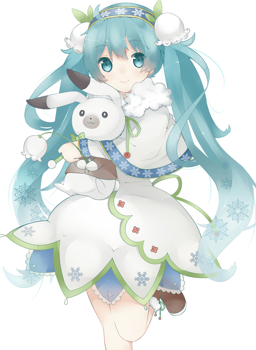 :3 absurdres animal aqua_eyes aqua_hair bad_id bad_pixiv_id bunny flower hatsune_miku highres holding holding_animal long_hair looking_at_viewer maple_(57675110) smile snowdrop_(flower) snowflakes twintails very_long_hair vocaloid white_background yuki_miku yukine_(vocaloid)