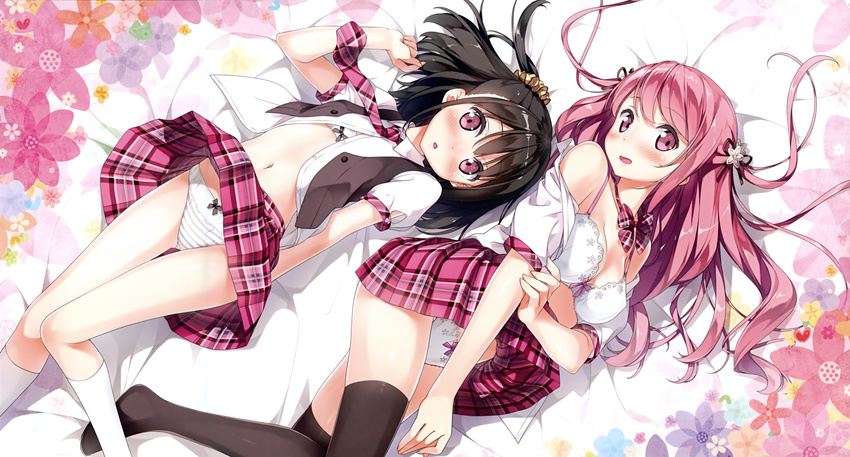 absurdres black_hair black_legwear blush bow bow_bra bow_panties bowtie bra breast_hold breasts chestnut_mouth cleavage flat_chest hair_ornament hair_scrunchie highres kantoku kneehighs kurumi_(kantoku) looking_at_viewer lying medium_breasts multiple_girls navel necktie off_shoulder on_back one_side_up open_clothes open_mouth original panties pink_eyes pink_hair plaid plaid_bow plaid_neckwear plaid_skirt pleated_skirt purple_eyes scan scrunchie shizuku_(kantoku) skirt skirt_lift smile strap_gap striped striped_panties thighhighs underwear white_bra white_legwear white_panties