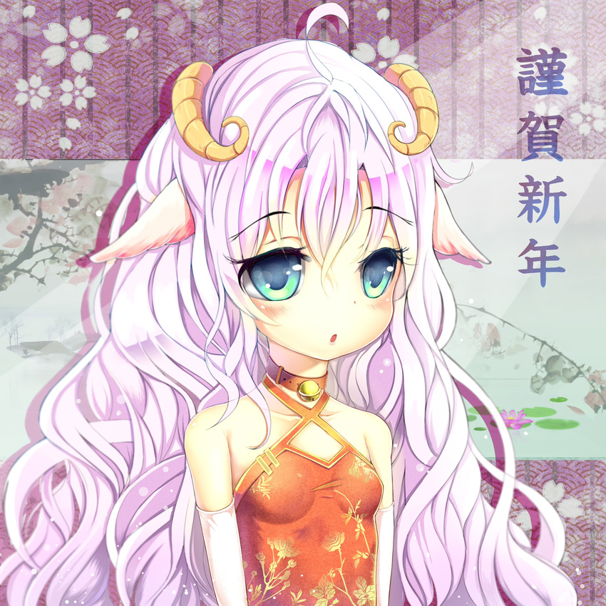 absurdres blue_eyes china_dress chinese_clothes collar dress elbow_gloves gloves goat_girl highres horns long_hair ming_(3952862) original purple_hair solo