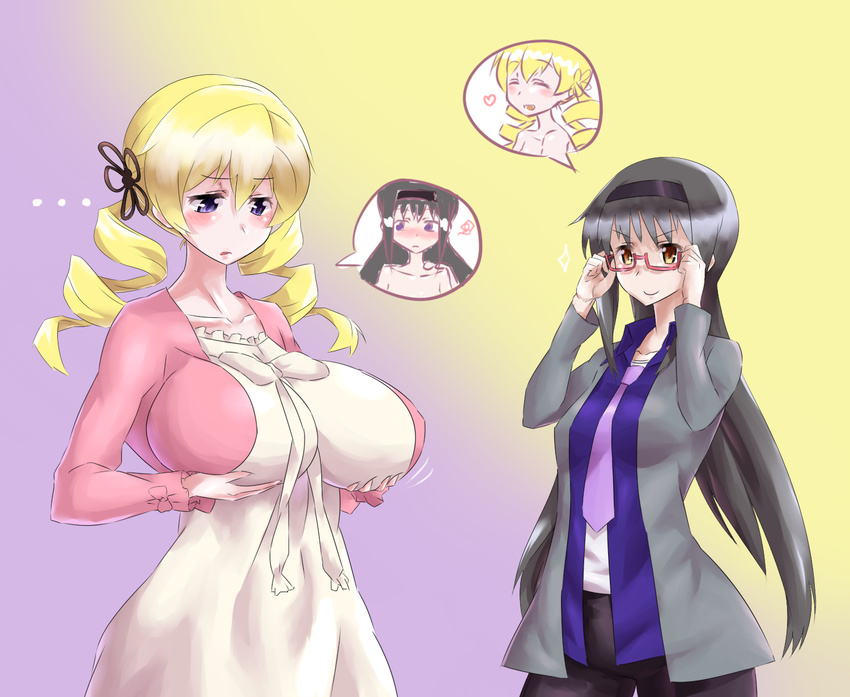 2girls akemi_homura alternate_breast_size bespectacled black_hair black_hairband blonde_hair blush breast_envy breast_hold breasts drill_hair glasses hair_ornament hairband hairpin highres huge_breasts imagining inconvenient_breasts long_hair mahou_shoujo_madoka_magica misunderstanding mizuumi_(bb) multiple_girls nude open_mouth personality_switch purple_eyes short_hair smile tomoe_mami twin_drills twintails yellow_eyes