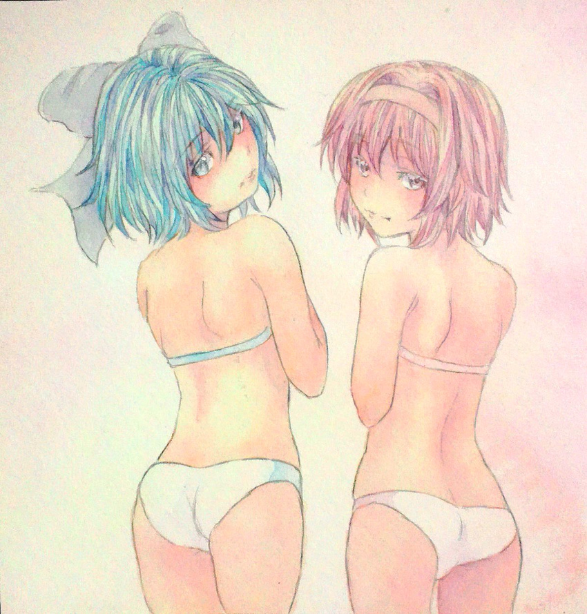 ass bikini blue_eyes blue_hair bow cirno cowboy_shot from_behind hair_bow hairband highres komeiji_satori looking_at_viewer looking_back multiple_girls pink_eyes pink_hair short_hair shoulder_blades swimsuit touhou traditional_media watercolor_(medium) yuyu_(00365676)