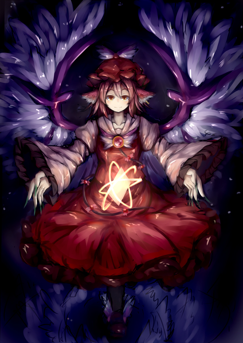 alternate_eye_color animal_ears card claws dark dress fingernails floating floating_card floating_object glowing hat highres light_smile long_fingernails mystia_lorelei nail_polish nano_(ex925868312) pink_hair red_dress short_hair solo touhou wide_sleeves wings yellow_eyes