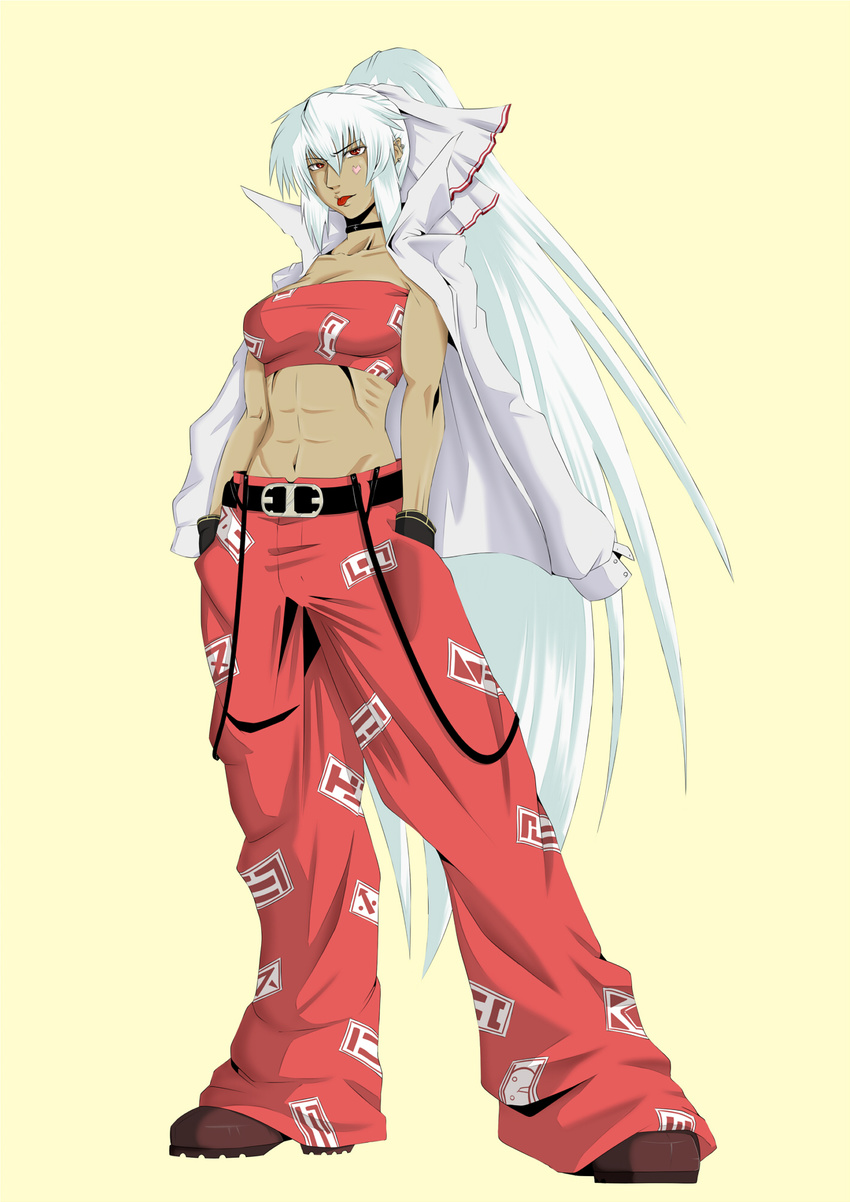 abs alternate_costume alternate_hairstyle baggy_pants belt breasts cleavage collar dark_skin fujiwara_no_mokou gloves highres large_breasts long_hair ofuda pants ponytail ribbon shirt_on_shoulders solo toned tongue tongue_out touhou versapro white_hair