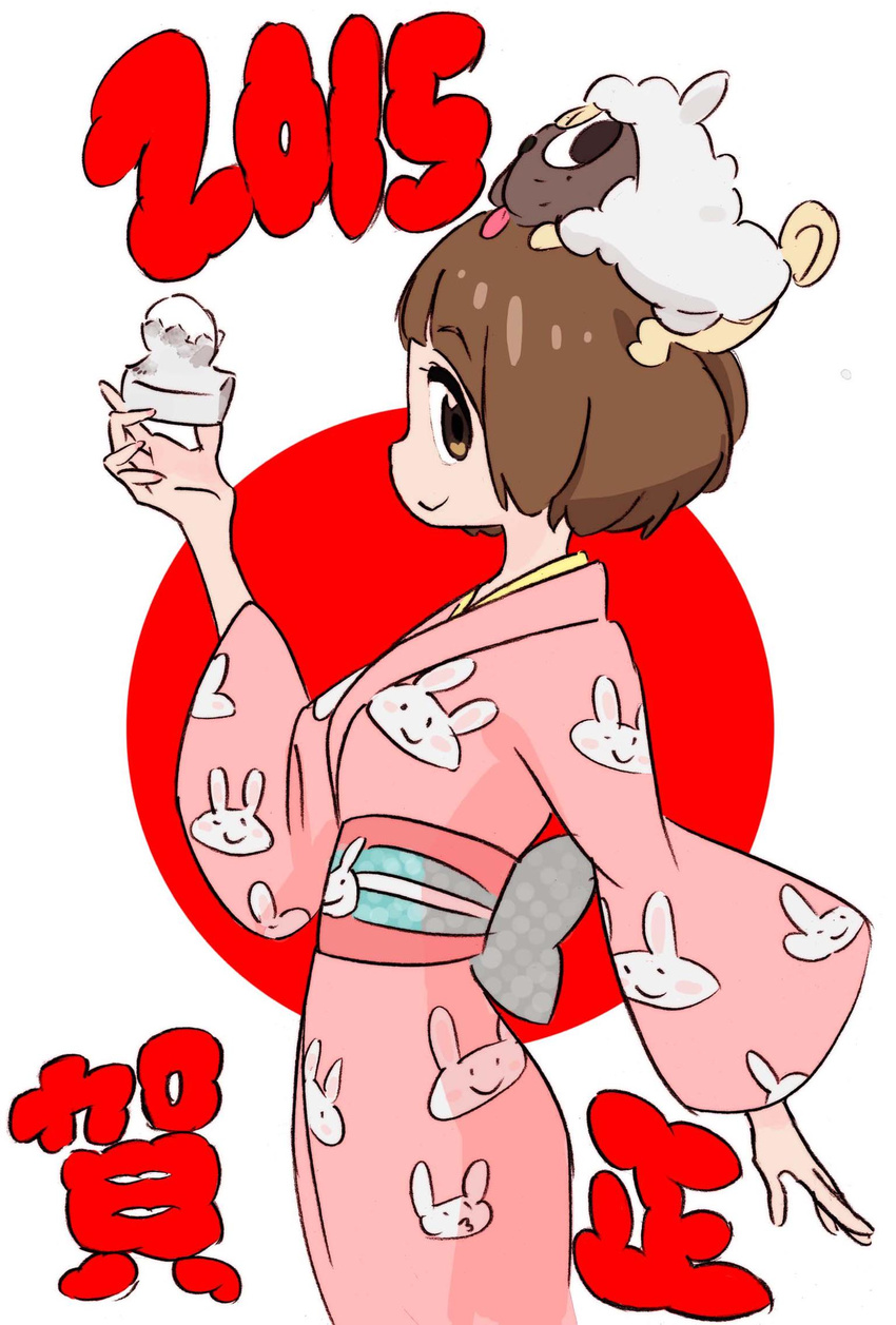 brown_eyes brown_hair guts_(kill_la_kill) highres japanese_clothes kill_la_kill mankanshoku_mako pug short_hair simple_background sushio