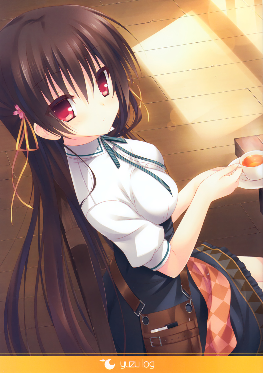 absurdres any_(trueblue) bag breasts brown_hair cup hair_ornament highres huge_filesize long_hair medium_breasts saucer school_uniform shoulder_bag skirt table tenshinranman unohana_no_sakuyahime wooden_floor