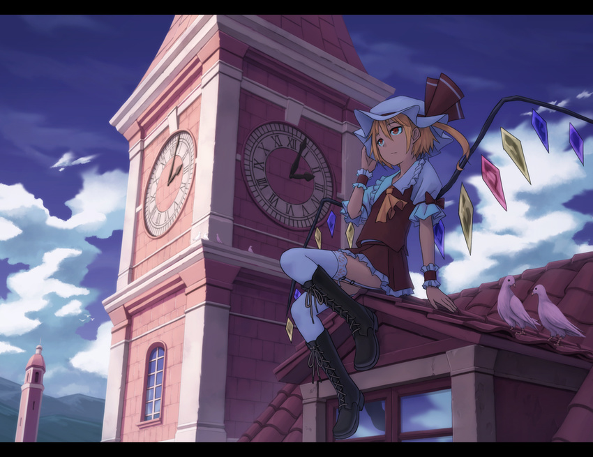 anime_coloring ascot bird blonde_hair blue_sky boots brown_footwear clock clock_tower cloud cross-laced_footwear day flandre_scarlet garter_straps hat hat_ribbon headwear_removed knee_boots kurione_(zassou) lace-up_boots letterboxed mob_cap pigeon puffy_short_sleeves puffy_sleeves red_eyes ribbon rooftop scarlet_devil_mansion shirt short_sleeves side_ponytail sitting skirt skirt_set sky solo thighhighs tile_roof touhou tower vest white_legwear wings wrist_cuffs zettai_ryouiki