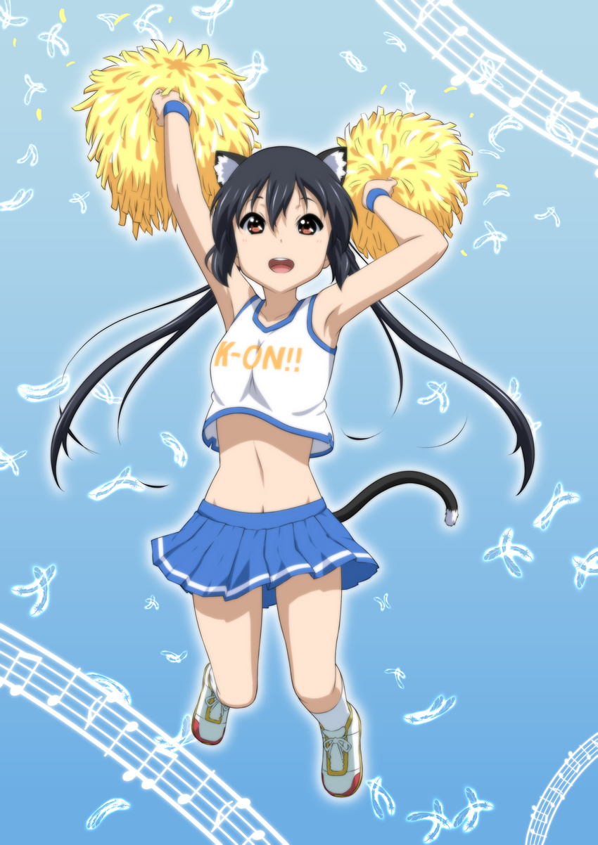 animal_ears armpits black_hair brown_eyes cat_ears cat_tail cheerleader crop_top highres jumping k-on! long_hair midriff musical_note nakano_azusa oku_no_shi pleated_skirt pom_poms revision skirt tail very_long_hair wind wind_lift wristband