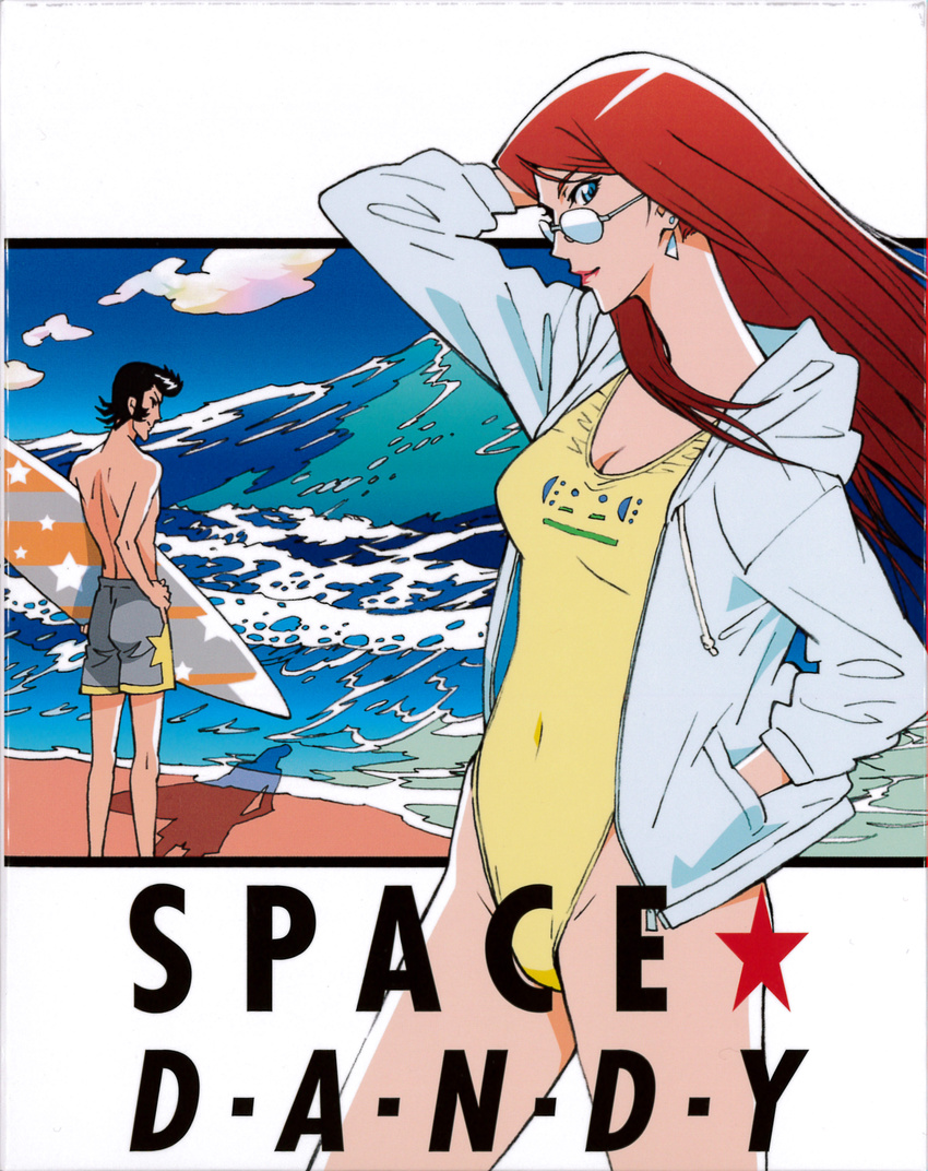 1girl cover dandy_(space_dandy) earrings glasses hands_in_pockets highres jacket jewelry long_hair one-piece_swimsuit red_hair scarlet_(space_dandy) space_dandy surfboard swimsuit