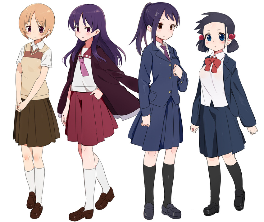 black_hair blue_eyes blush brown_eyes brown_hair himematsu_school_uniform kentani_school_uniform lineup long_hair multiple_girls ponytail purple_eyes purple_hair saki school_uniform serafuku shisoneri short_hair simple_background skirt smile tsubakino_miyuki tsujigaito_satoha tsuruga_school_uniform tsuyama_mutsuki ueshige_suzu white_background