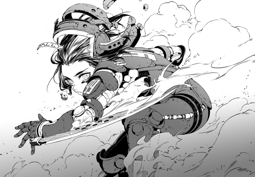 1girl armor black_hair cyborg elbow_blade gally gunnm knee_pads looking_at_viewer mizuya monochrome smoke solo