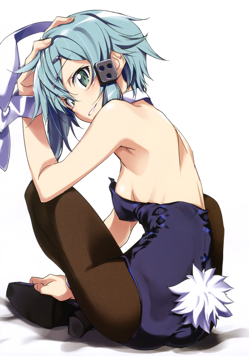 absurdres animal_ears aqua_hair bare_shoulders breasts bunny_ears bunny_tail bunnysuit detached_collar fishnet_pantyhose fishnets from_behind green_eyes grin hair_ornament hairclip hand_on_own_head highres indian_style kurashima_tomoyasu leaning_forward looking_back non-web_source pantyhose short_hair sideboob sinon sitting small_breasts smile solo sword_art_online tail wrist_cuffs