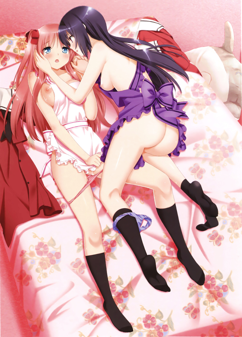 all_fours apron apron_tug ass ayase_miya azumi_risa bed black_legwear blue_eyes blush breasts eye_contact floral_print hand_on_another's_cheek hand_on_another's_face highres holding_hands interlocked_fingers kneehighs long_hair long_legs looking_at_another lying multiple_girls naked_apron nipples no_shoes on_back on_bed open_mouth panties panties_around_one_leg panty_pull peko pink_hair pink_panties purple_hair purple_panties pussy_juice sidelocks small_breasts sono_hanabira_ni_kuchizuke_wo tears two_side_up underwear yuri