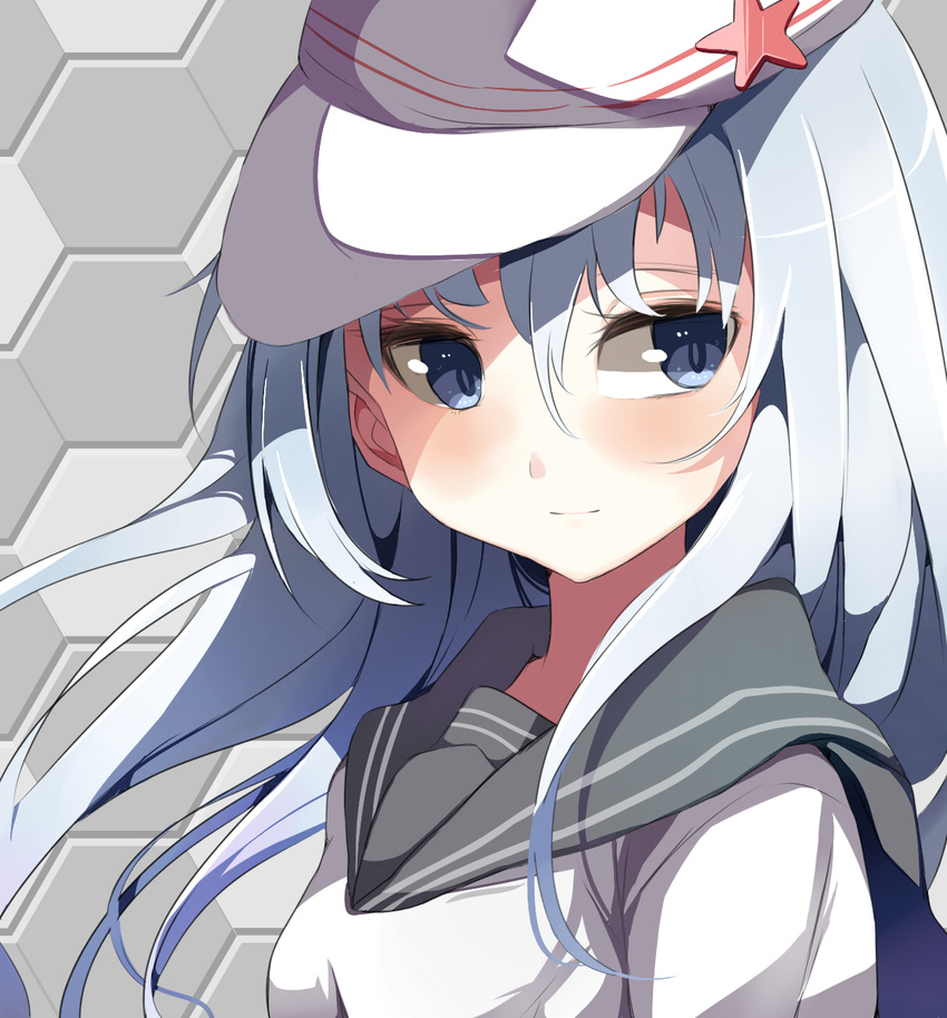 ariaridoradora blue_eyes hat hibiki_(kantai_collection) highres kantai_collection long_hair silver_hair solo uniform verniy_(kantai_collection)