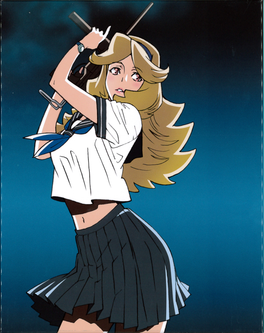 alternate_costume blonde_hair breasts collar gun highres honey_(space_dandy) long_hair m3_greasegun medium_breasts midriff necktie pink_eyes school_uniform serafuku simple_background skirt smile solo space_dandy submachine_gun weapon