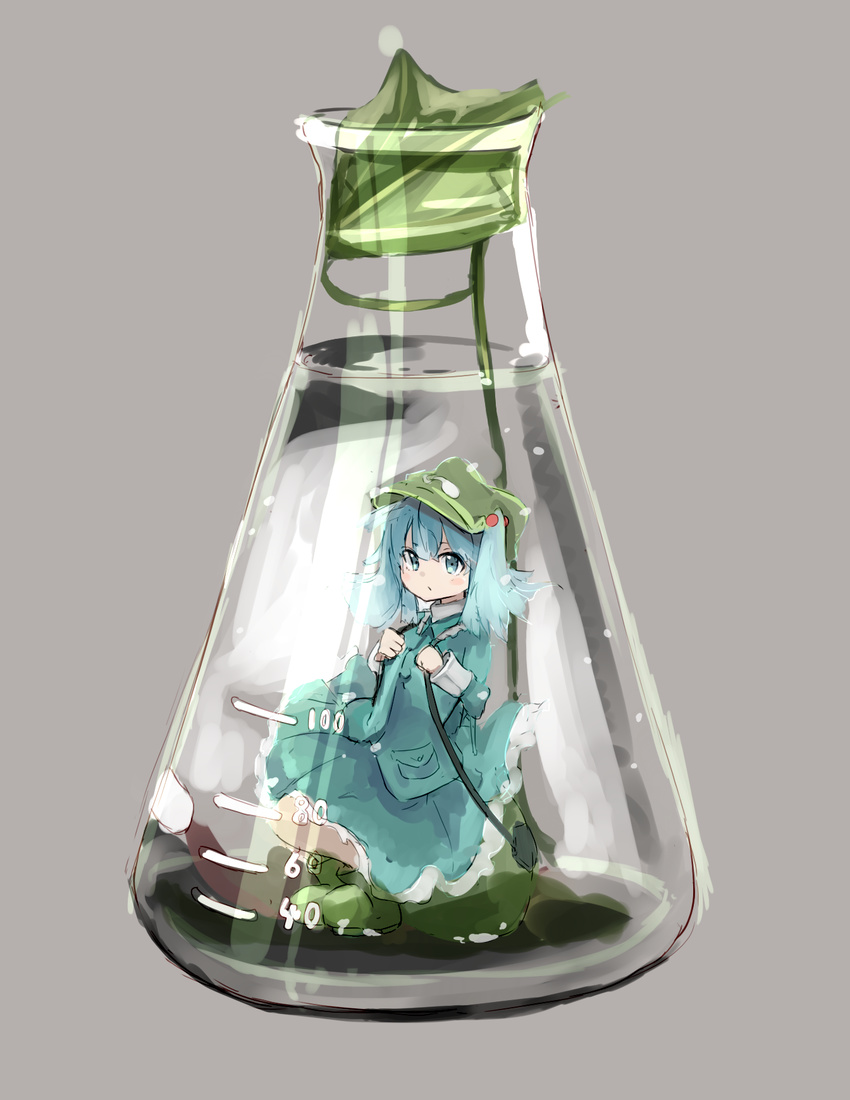 blue_eyes blue_hair erlenmeyer_flask flask hair_bobbles hair_ornament hat highres hizakozouzu in_container kawashiro_nitori minigirl short_hair sketch skirt solo touhou two_side_up