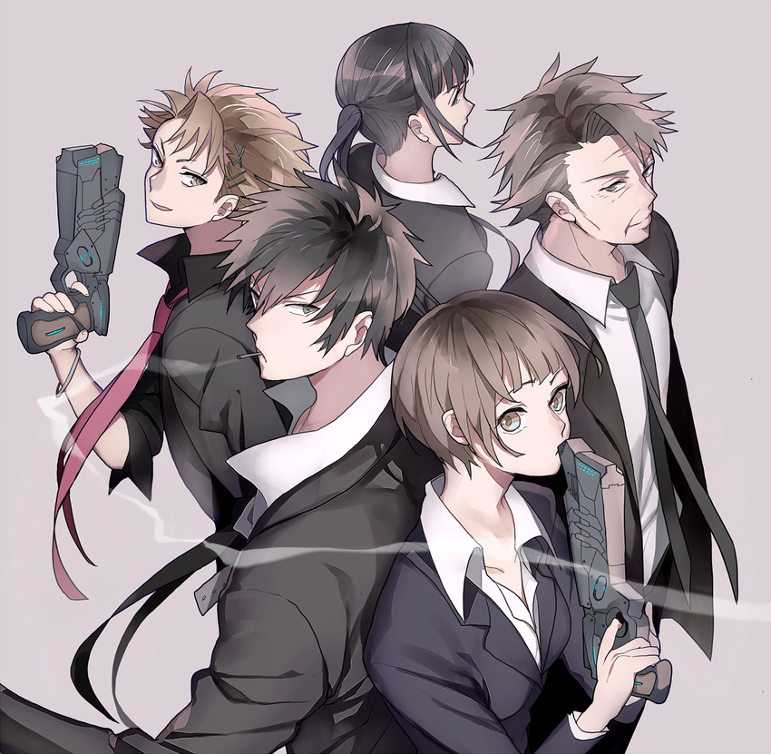 3boys ayatoki-1 black_hair brown_hair dominator_(gun) formal highres kagari_shuusei kougami_shin'ya kunizuka_yayoi long_hair masaoka_tomomi multiple_boys multiple_girls necktie ponytail psycho-pass short_hair tsunemori_akane weapon