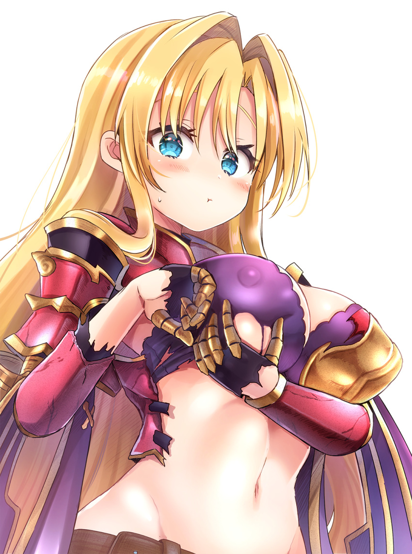 1girl blonde_hair blue_eyes blush breasts cleavage gloves granblue_fantasy hair_intakes highres kamiya_zuzu large_breasts long_hair midriff navel pout red_armor solo torn_clothes zeta_(granblue_fantasy)