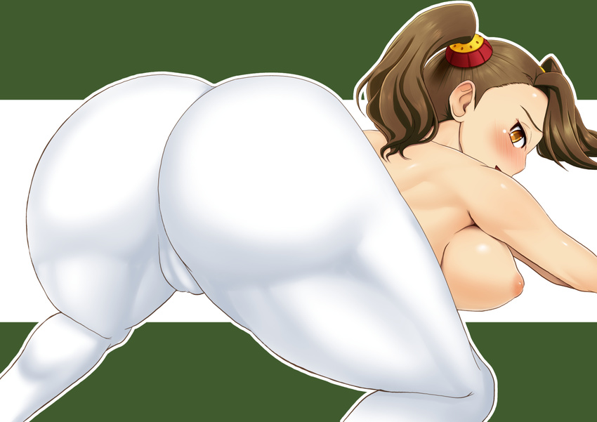 1girl all_fours ass blush breast_press breasts brown_hair cameltoe from_behind gold_eyes gundam gundam_build_fighters gundam_build_fighters_try huge_ass large_breasts nipples open_mouth pantyhose puffy_nipples sazaki_kaoruko shiny shiny_skin sideboob smile solo tomatto_(@ma!) topless twintails white_legwear yellow_eyes