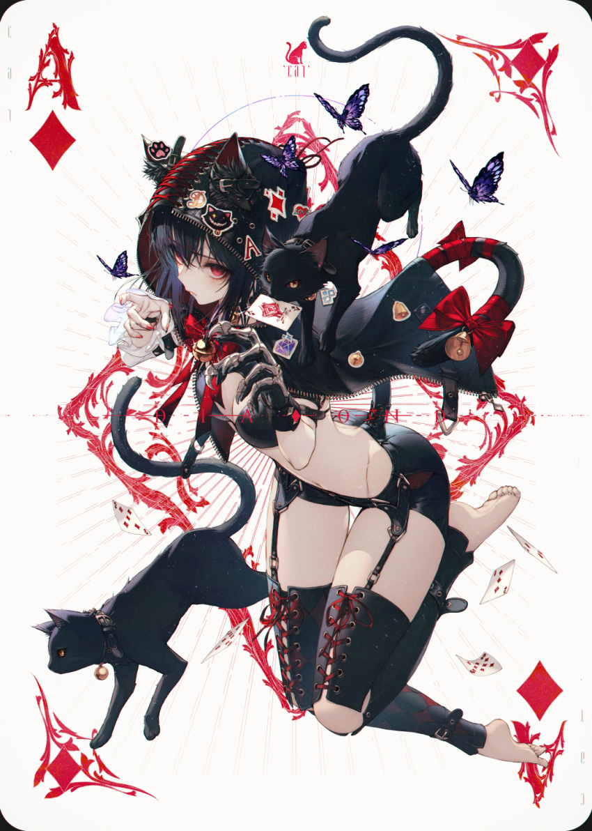 1girl animal_ears bangs barefoot bell black_cat black_hair breasts bug butterfly card card_(medium) cat cat_ears cat_girl cat_tail cleavage commentary ears_through_headwear feet fingernails full_body garter_straps hair_between_eyes highres hood hood_up insect looking_at_viewer medium_breasts nail_polish navel original red_eyes ribbon simple_background solo tail tail_bell tail_ribbon thigh_gap wanke