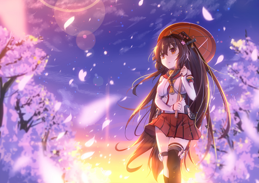 asymmetrical_legwear bare_shoulders blurry brown_eyes brown_hair cherry_blossoms depth_of_field detached_sleeves flower hair_flower hair_ornament kantai_collection katee lens_flare long_hair outdoors petals ponytail skirt solo thighhighs twilight umbrella very_long_hair yamato_(kantai_collection)