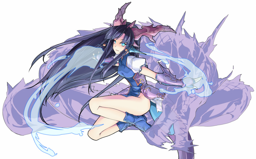 ankle_boots armor bare_legs black_hair blue_dress blue_eyes blue_footwear blue_gloves boots china_dress chinese_clothes dragon dragon_girl dragon_horns dragon_tail dress elbow_gloves fingerless_gloves full_body gloves glowing glowing_eyes hair_ornament head_fins highres horns karin_(p&amp;d) long_hair no_panties open_mouth puffy_short_sleeves puffy_sleeves puzzle_&amp;_dragons shizuku_(shizukyuki) short_sleeves simple_background solo tail very_long_hair white_background