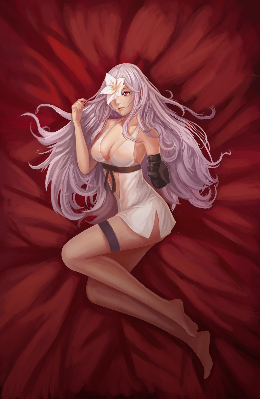 absurdres amputee collarbone drag-on_dragoon drag-on_dragoon_3 dress flower flower_eyepatch goldengear870 highres lavender_hair lips long_hair long_legs looking_at_viewer lying messy_hair nose on_bed on_side one_eye_covered purple_eyes red_background solo white_dress zero_(drag-on_dragoon)