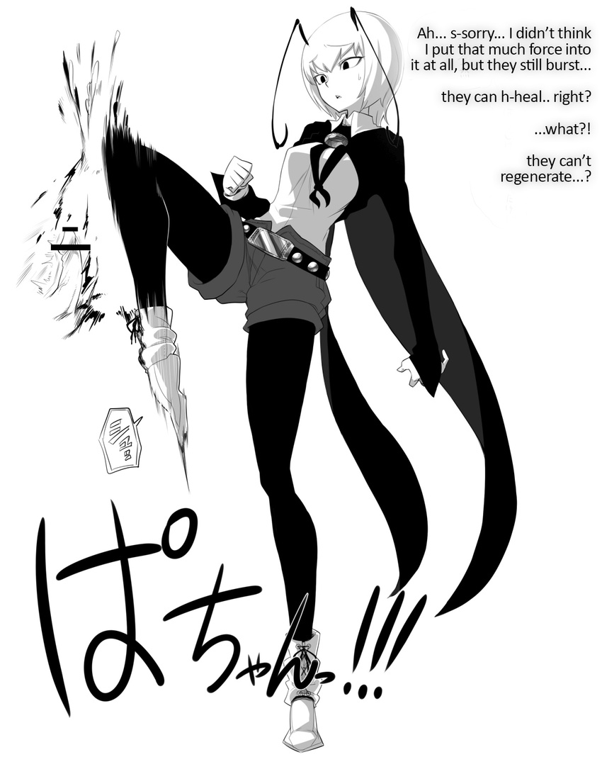 1girl abuse antennae bdsm black_legwear cape castration cbt crotch_kick femdom groin_kick hard_translated highres kicking legwear_under_shorts monochrome penis short_hair shorts space_jin tamakeri touhou wriggle_nightbug