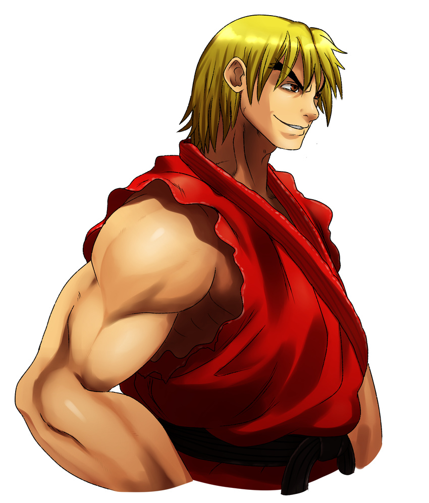 belt blonde_hair brown_eyes dougi eric_lowery eyebrows highres ken_masters male_focus muscle sleeveless solo street_fighter thick_eyebrows upper_body