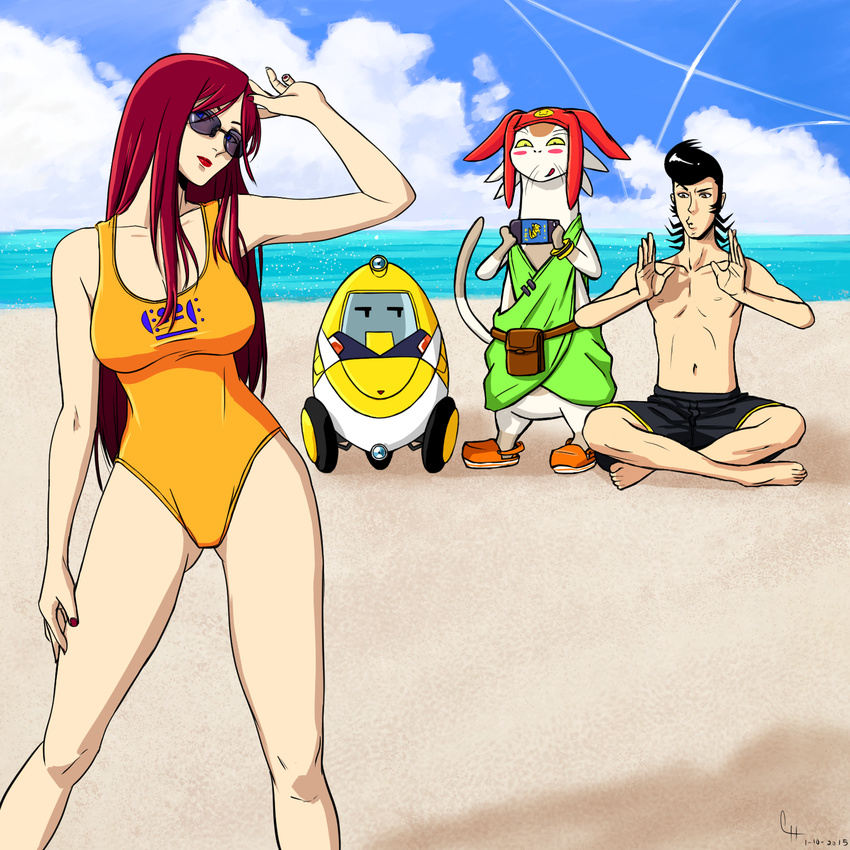 1boy 1girl alternate_hairstyle beach black_hair blue_sky cellphone chris_re5 dandy_(space_dandy) long_hair meow_(space_dandy) ocean one-piece_swimsuit phone pompadour qt_(space_dandy) red_hair robot sand scarlet_(space_dandy) sky smartphone space_dandy sunglasses swim_trunks swimsuit water